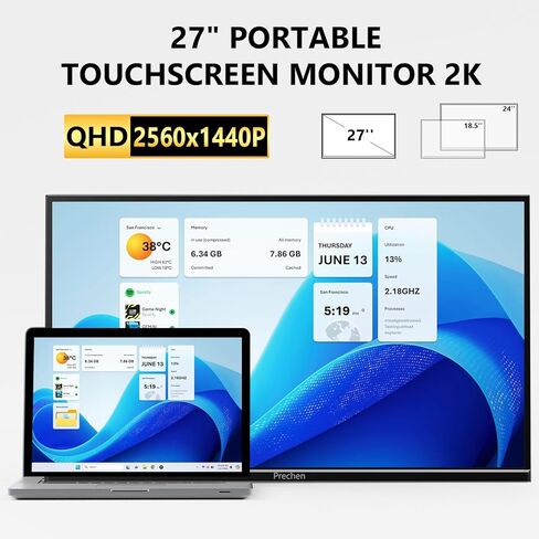 شاشة لمس Prechen مقاس 27 بوصة 2K QHD 100 هرتز تعمل باللمس 10 نقاط متعددة اللمس IPS، شاشة كمبيوتر محمول 2560x1440 USB-C HDMI مع حامل ومكبرات صوت قابلة للتعديل in Kuwait