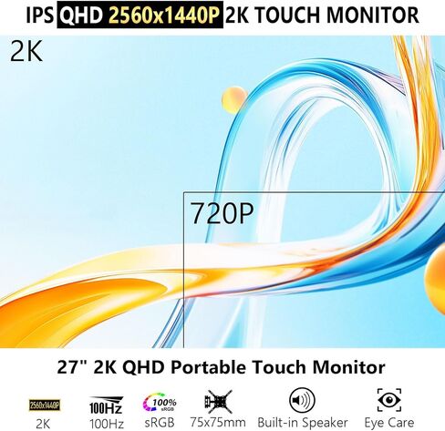 شاشة لمس Prechen مقاس 27 بوصة 2K QHD 100 هرتز تعمل باللمس 10 نقاط متعددة اللمس IPS، شاشة كمبيوتر محمول 2560x1440 USB-C HDMI مع حامل ومكبرات صوت قابلة للتعديل in Kuwait