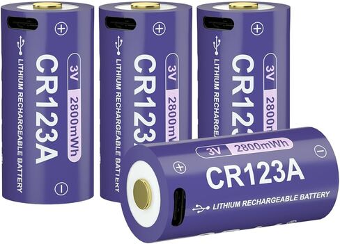 بطارية CR123A USB C قابلة للشحن 3 فولت 2800 مللي واط في الساعة، بطاريات Ni-MH طويلة الأمد للمصابيح الكاشفة والكاميرات والإلكترونيات المنزلية، 4 عبوات باللون الأرجواني in Kuwait