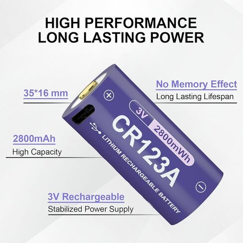 بطارية CR123A USB C قابلة للشحن 3 فولت 2800 مللي واط في الساعة، بطاريات Ni-MH طويلة الأمد للمصابيح الكاشفة والكاميرات والإلكترونيات المنزلية، 4 عبوات باللون الأرجواني in Kuwait