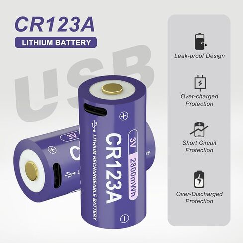 بطارية CR123A USB C قابلة للشحن 3 فولت 2800 مللي واط في الساعة، بطاريات Ni-MH طويلة الأمد للمصابيح الكاشفة والكاميرات والإلكترونيات المنزلية، 4 عبوات باللون الأرجواني in Kuwait