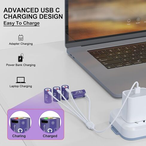 بطارية CR123A USB C قابلة للشحن 3 فولت 2800 مللي واط في الساعة، بطاريات Ni-MH طويلة الأمد للمصابيح الكاشفة والكاميرات والإلكترونيات المنزلية، 4 عبوات باللون الأرجواني in Kuwait