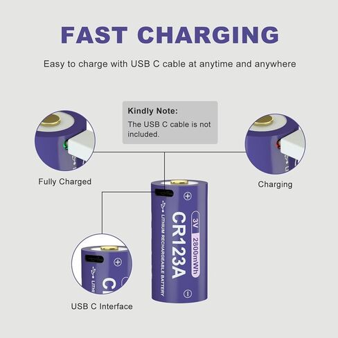 بطارية CR123A USB C قابلة للشحن 3 فولت 2800 مللي واط في الساعة، بطاريات Ni-MH طويلة الأمد للمصابيح الكاشفة والكاميرات والإلكترونيات المنزلية، 4 عبوات باللون الأرجواني in Kuwait