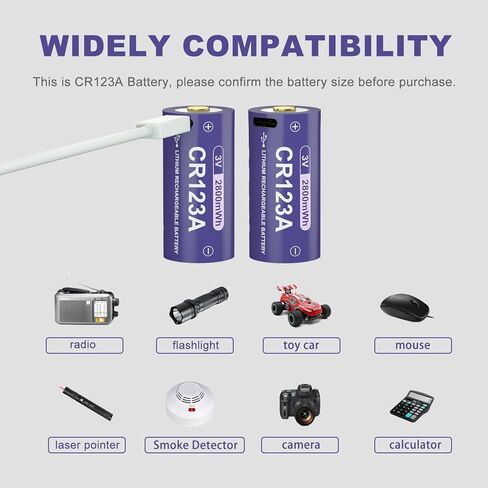 بطارية CR123A USB C قابلة للشحن 3 فولت 2800 مللي واط في الساعة، بطاريات Ni-MH طويلة الأمد للمصابيح الكاشفة والكاميرات والإلكترونيات المنزلية، 4 عبوات باللون الأرجواني in Kuwait