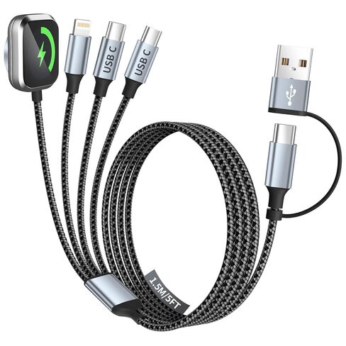 Travel Vacation Essentials 4 في 2 كابل شحن متعدد النوع C مزدوج لشاحن ساعة Apple، سلك شاحن USB A/USB C متعدد لجميع الأجهزة المتوافقة مع iWatch Ultra/SE/10-1، iPhone 16-11 والمزيد in Kuwait