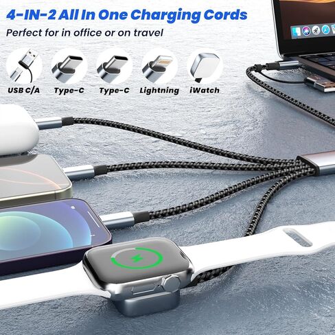 Travel Vacation Essentials 4 في 2 كابل شحن متعدد النوع C مزدوج لشاحن ساعة Apple، سلك شاحن USB A/USB C متعدد لجميع الأجهزة المتوافقة مع iWatch Ultra/SE/10-1، iPhone 16-11 والمزيد in Kuwait