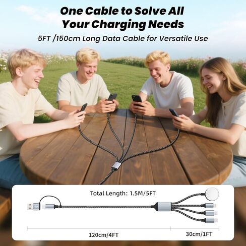 Travel Vacation Essentials 4 في 2 كابل شحن متعدد النوع C مزدوج لشاحن ساعة Apple، سلك شاحن USB A/USB C متعدد لجميع الأجهزة المتوافقة مع iWatch Ultra/SE/10-1، iPhone 16-11 والمزيد in Kuwait