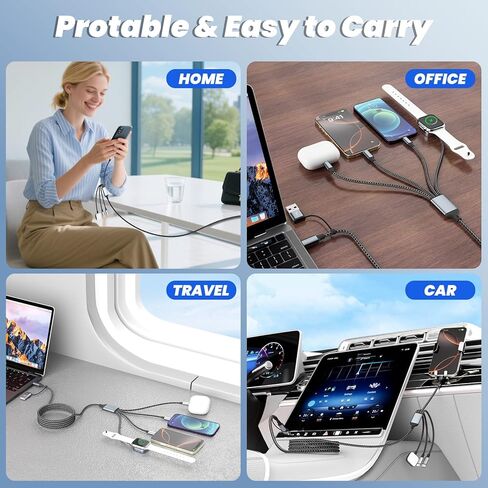 Travel Vacation Essentials 4 في 2 كابل شحن متعدد النوع C مزدوج لشاحن ساعة Apple، سلك شاحن USB A/USB C متعدد لجميع الأجهزة المتوافقة مع iWatch Ultra/SE/10-1، iPhone 16-11 والمزيد in Kuwait
