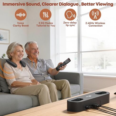 مكبر صوت تلفزيون LARKSOUND يمكن ارتداؤه لكبار السن، شريط رقبة لتحسين الصوت، لا حاجة إلى بلوتوث، قاعدة إرسال التوصيل والتشغيل، 3 أوضاع EQ، HDMI/بصري/AUX، هدية سهلة الإعداد للآباء in Kuwait