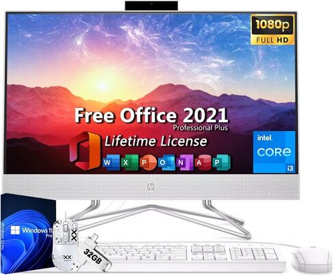 HP 23.8 inch All in One Desktop Computer, Intel i3-1115G4(4.1 Ghz), Microsoft Office Pro Lifetime, 64 GB RAM, 1 TB SSD, 1920x1080 FHD, Keyboard & Mouse Set, Windows 11 Pro, 32G UFD & Mouse in Saudi Arabia