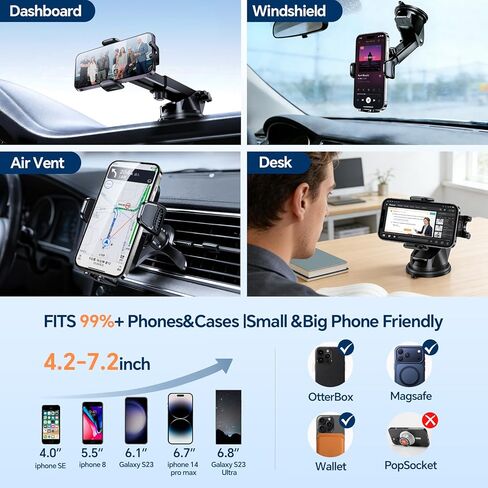 for iPhone MagSafe Phone Holders for Your car 2-Pack Adjustable Suction Cup Phone Mount for All iPhone & Android Smartphone,4 Setups - Dashboard/Vent/Windshield/Desk, Fits All Cars in Saudi Arabia