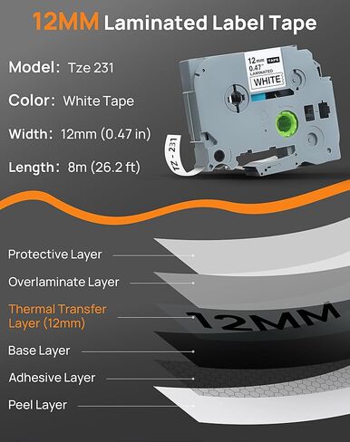 Replace Brother P-Touch Label Maker Tape, Tze Tape 12mm 0.47 Laminated White Tze-231 Tze231 Tz 231 Tapes Refill Compatible with Brother PT-D210 D220 D400 D410 D450 H110 1280, 4 Pack in Saudi Arabia