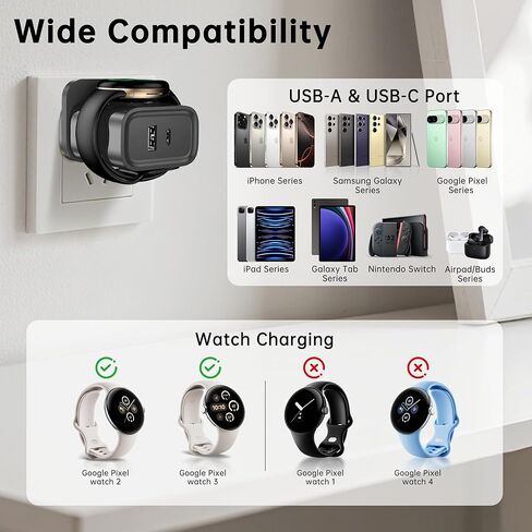 شاحن لساعة Google Pixel 3/2/Fitbit Ace LTE، PD 25W USB C شحن سريع مزدوج المنافذ، شحن السفر لـ Google 10 Pro XL 9 Pro Fold 8 7 (ليس لساعة Pixel 4/1) (أسود (محول)) in Kuwait