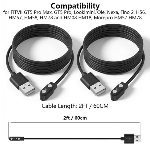 [عبوة من قطعتين] شاحن متوافق مع FITVII GT5 Pro Max، GT5 Pro، Lookimini، Ole، Nexa، Fino 2، H56، HM57، HM58، HM78 وHM08 HM18، Morepro HM57 HM78، سلك كابل شحن مغناطيسي للساعة الذكية FITVII in Saudi Arabia