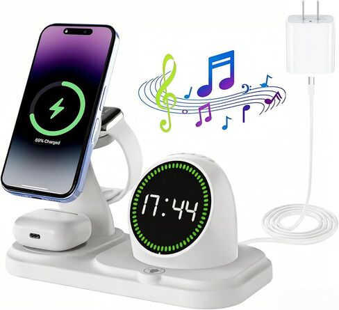 محطة شحن i-Phone لاسلكية 6 في 1: حامل لأجهزة متعددة للتفاح - متوافق مع i-Phone 17 16 15 14 13 Pro Max Apples Watch Airpods، تصميم مع مكبر صوت لاسلكي وساعة (أبيض) in Saudi Arabia