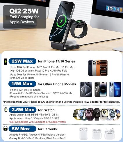 Qi2.2 25W Fast Wireless Charging Station for Apple MagSafe with TEC Cooling, 3 in 1 Foldable Travel Magnetic Charger Stand for iPhone 17-12 Series/ S26 Ultra/Pixel 10/ iWatch/AirPods (45W Adapter) in Saudi Arabia