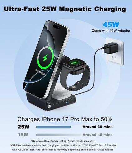 Qi2.2 25W Fast Wireless Charging Station for Apple MagSafe with TEC Cooling, 3 in 1 Foldable Travel Magnetic Charger Stand for iPhone 17-12 Series/ S26 Ultra/Pixel 10/ iWatch/AirPods (45W Adapter) in Saudi Arabia