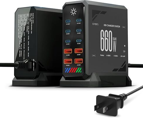برج شحن 600/660 وات بـ 10 منافذ - 6 × USB-C و4 × USB-A، تحكم في الإضاءة بشاشة تعمل باللمس، أسود جرافيت مع زخرفة فضية - محطة شحن سريعة متعددة الأجهزة ZOVLEC لأجهزة الكمبيوتر المحمولة والهواتف in Kuwait