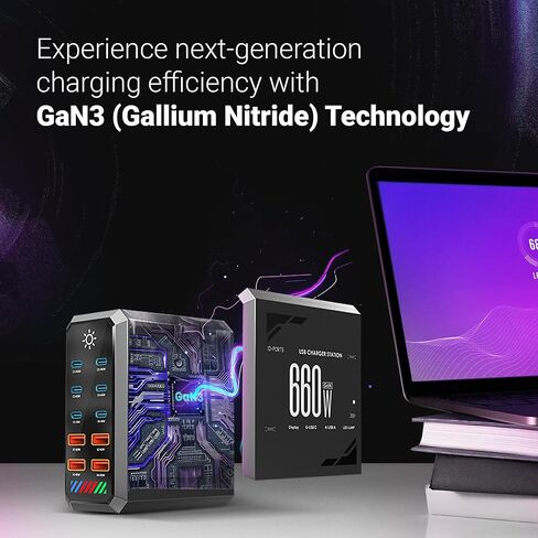 برج شحن 600/660 وات بـ 10 منافذ - 6 × USB-C و4 × USB-A، تحكم في الإضاءة بشاشة تعمل باللمس، أسود جرافيت مع زخرفة فضية - محطة شحن سريعة متعددة الأجهزة ZOVLEC لأجهزة الكمبيوتر المحمولة والهواتف in Kuwait
