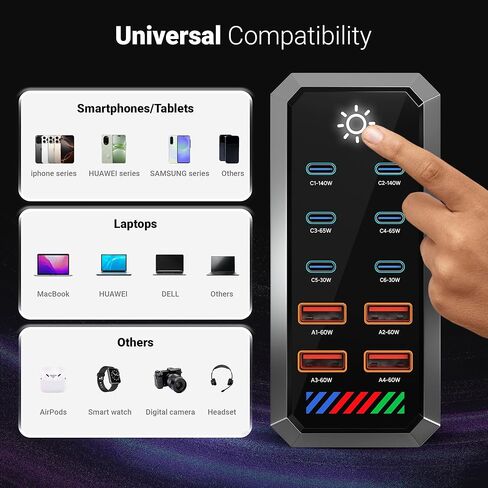 برج شحن 600/660 وات بـ 10 منافذ - 6 × USB-C و4 × USB-A، تحكم في الإضاءة بشاشة تعمل باللمس، أسود جرافيت مع زخرفة فضية - محطة شحن سريعة متعددة الأجهزة ZOVLEC لأجهزة الكمبيوتر المحمولة والهواتف in Kuwait