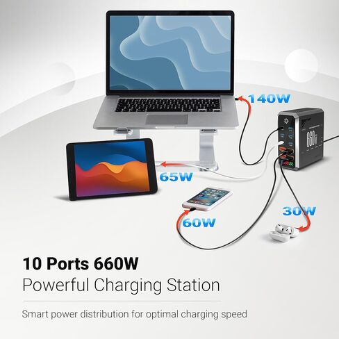 برج شحن 600/660 وات بـ 10 منافذ - 6 × USB-C و4 × USB-A، تحكم في الإضاءة بشاشة تعمل باللمس، أسود جرافيت مع زخرفة فضية - محطة شحن سريعة متعددة الأجهزة ZOVLEC لأجهزة الكمبيوتر المحمولة والهواتف in Kuwait