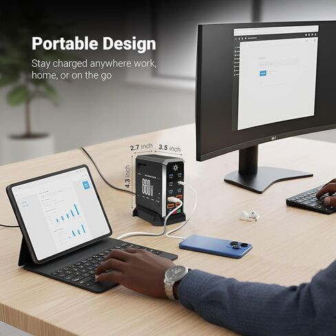 برج شحن 600/660 وات بـ 10 منافذ - 6 × USB-C و4 × USB-A، تحكم في الإضاءة بشاشة تعمل باللمس، أسود جرافيت مع زخرفة فضية - محطة شحن سريعة متعددة الأجهزة ZOVLEC لأجهزة الكمبيوتر المحمولة والهواتف in Kuwait