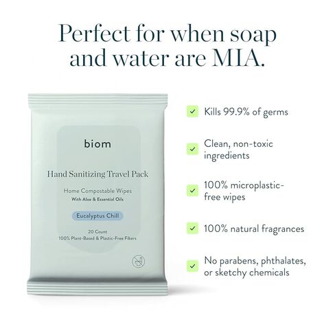 Biom Hand Sanitizing Wipes - Travel Size 5 pack(100 Wipes) 65% Ethanol Alcohol, Kills 99.9% of Germs, Removes Dirt & Grime, Made of Plant-Based & Plastic Free Fibers, Hypoallergenic - Eucalyptus Chill in Saudi Arabia