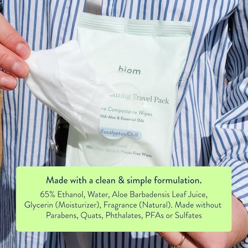 Biom Hand Sanitizing Wipes - Travel Size 5 pack(100 Wipes) 65% Ethanol Alcohol, Kills 99.9% of Germs, Removes Dirt & Grime, Made of Plant-Based & Plastic Free Fibers, Hypoallergenic - Eucalyptus Chill in Saudi Arabia