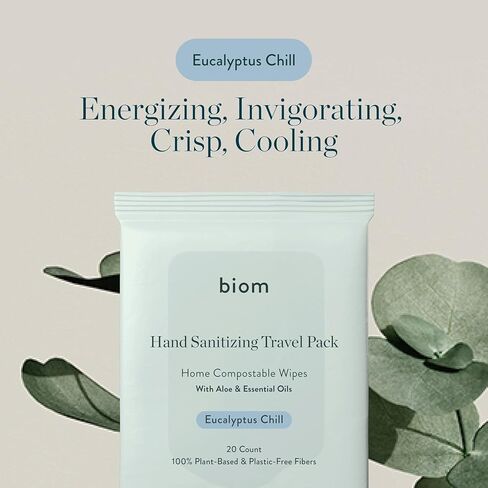 Biom Hand Sanitizing Wipes - Travel Size 5 pack(100 Wipes) 65% Ethanol Alcohol, Kills 99.9% of Germs, Removes Dirt & Grime, Made of Plant-Based & Plastic Free Fibers, Hypoallergenic - Eucalyptus Chill in Saudi Arabia