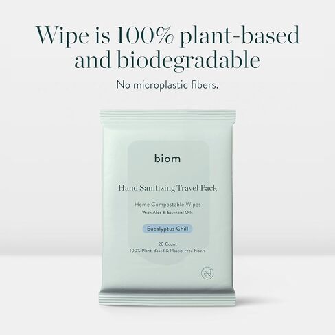 Biom Hand Sanitizing Wipes - Travel Size 5 pack(100 Wipes) 65% Ethanol Alcohol, Kills 99.9% of Germs, Removes Dirt & Grime, Made of Plant-Based & Plastic Free Fibers, Hypoallergenic - Eucalyptus Chill in Saudi Arabia