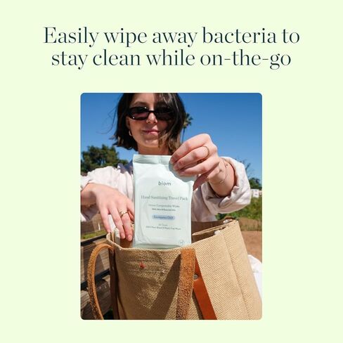 Biom Hand Sanitizing Wipes - Travel Size 5 pack(100 Wipes) 65% Ethanol Alcohol, Kills 99.9% of Germs, Removes Dirt & Grime, Made of Plant-Based & Plastic Free Fibers, Hypoallergenic - Eucalyptus Chill in Saudi Arabia