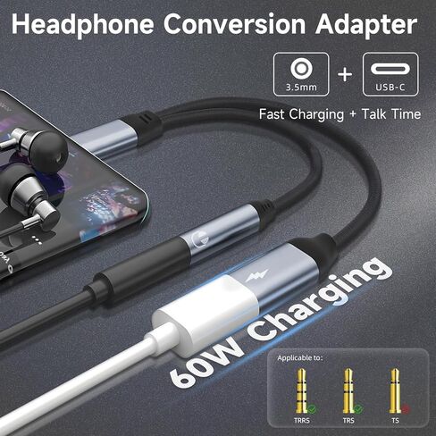 MOYAGOA USB C إلى 3.5 ملم محول سماعة رأس ومحول شاحن، 2 في 1 صوت وشحن سريع لهاتف iPhone يدعم صوت عالي الدقة بدون فقدان 17/16/15/Pro/Pro Max، iPad، in Kuwait