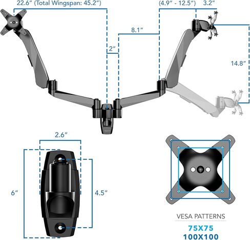 Mount-It! CLiX Dual Monitor Wall Mount Full Motion Arms, TAA-Compliant, Monitor Wall Mounts for 2 Monitors 13-34" up to 22 lbs Each, VESA 75x75 100x100, Aluminum Double Monitor Wall Mount Side by Side in Saudi Arabia