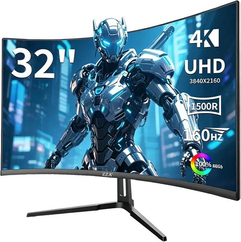 شاشة ZZA 32 بوصة للألعاب المنحنية 4K 160HZ شاشة كمبيوتر UHD 3840 * 2160P VA، منحنية 1500R، تدعم AMD Freesync، 120% sRGB، تركيبات مدمجة قابلة للتركيب على الحائط (HDMI 2.1/DP 1.4) in Kuwait