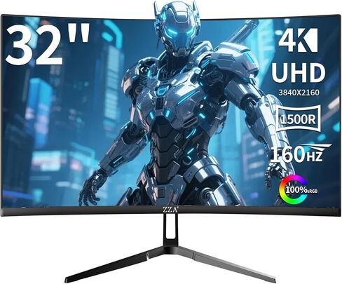 شاشة ZZA 32 بوصة للألعاب المنحنية 4K 160HZ شاشة كمبيوتر UHD 3840 * 2160P VA، منحنية 1500R، تدعم AMD Freesync، 120% sRGB، تركيبات مدمجة قابلة للتركيب على الحائط (HDMI 2.1/DP 1.4) in Kuwait