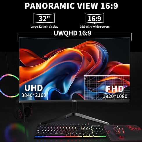 شاشة ZZA 32 بوصة للألعاب المنحنية 4K 160HZ شاشة كمبيوتر UHD 3840 * 2160P VA، منحنية 1500R، تدعم AMD Freesync، 120% sRGB، تركيبات مدمجة قابلة للتركيب على الحائط (HDMI 2.1/DP 1.4) in Kuwait