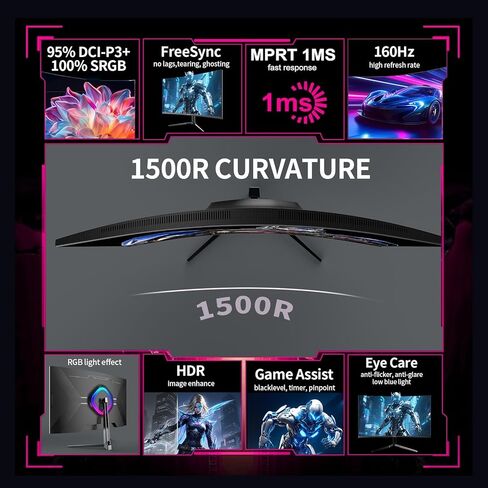 شاشة ZZA 32 بوصة للألعاب المنحنية 4K 160HZ شاشة كمبيوتر UHD 3840 * 2160P VA، منحنية 1500R، تدعم AMD Freesync، 120% sRGB، تركيبات مدمجة قابلة للتركيب على الحائط (HDMI 2.1/DP 1.4) in Kuwait