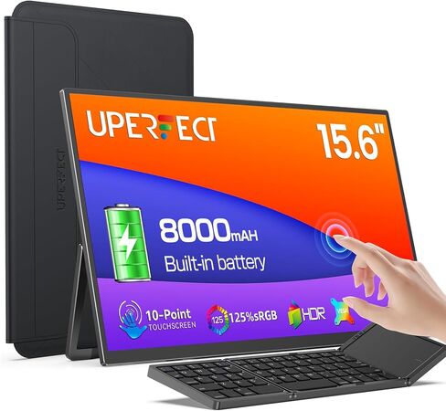 شاشة UPERFECT المحمولة التي تعمل باللمس مقاس 15.6 بوصة، وشاشة كمبيوتر محمول مزودة بلوحة مفاتيح بلوتوث، وبطارية مدمجة بقوة 8000 مللي أمبير في الساعة | حامل قابل للتعديل | مكبرات الصوت، شاشة خارجية رفيعة للغاية للهاتف، وحدة التحكم بالألعاب in Kuwait