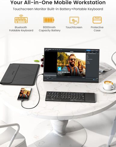 شاشة UPERFECT المحمولة التي تعمل باللمس مقاس 15.6 بوصة، وشاشة كمبيوتر محمول مزودة بلوحة مفاتيح بلوتوث، وبطارية مدمجة بقوة 8000 مللي أمبير في الساعة | حامل قابل للتعديل | مكبرات الصوت، شاشة خارجية رفيعة للغاية للهاتف، وحدة التحكم بالألعاب in Kuwait