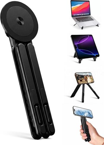Magnetic Phone Stand & Foldable Laptop Riser, Matte Black Multi-Device Aluminum Desk Mount, N52 MagSafe Tripod Grip for Travel Office, Ergonomic Elevator for MacBook, iPad & iPhone in Saudi Arabia