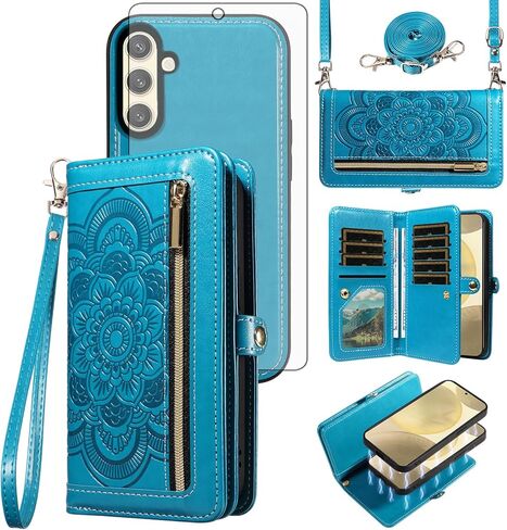 Asuwish Phone Case for Samsung Galaxy S24 5G Zipper Wallet Magnetic Detachable Cell Cover with Tempered Glass Screen Protector Lanyard Strap Flower Flip Card Holder S 24 24S G5 Women Girls Rose Gold in Saudi Arabia