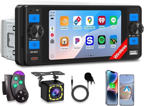 ستيريو سيارة أحادي الدين مع Apple CarPlay اللاسلكي، راديو السيارة مع شاشة لمس IPS 5 بوصات، بلوتوث السيارة 5.2، Android Auto، كاميرا احتياطية للسيارة، نظام تحديد المواقع العالمي، USB ونوع C، FM/AM/RDS، ستيريو تشغيل السيارة للشاحنة in Kuwait