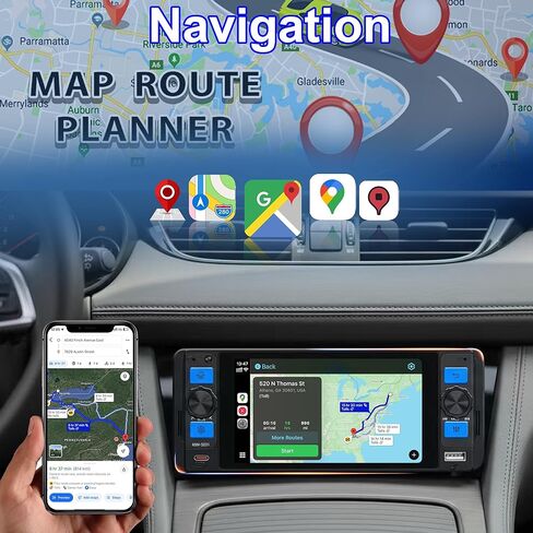 ستيريو سيارة أحادي الدين مع Apple CarPlay اللاسلكي، راديو السيارة مع شاشة لمس IPS 5 بوصات، بلوتوث السيارة 5.2، Android Auto، كاميرا احتياطية للسيارة، نظام تحديد المواقع العالمي، USB ونوع C، FM/AM/RDS، ستيريو تشغيل السيارة للشاحنة in Kuwait