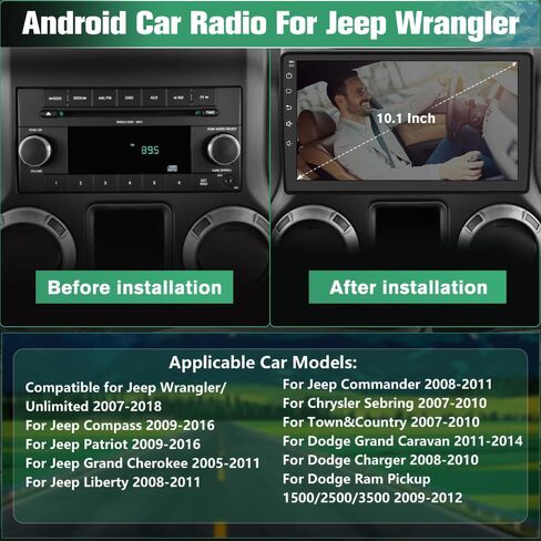 Car Radio Stereo Upgrade for Jeep Wrangler 2007-2018/Dodge Ram 1500, Android Head Unit with 10.1-Inch Touch Screen/Backup Camera/Wireless CarPlay & Android Auto/Mirroring/Wi-Fi/FM/SWC in Saudi Arabia