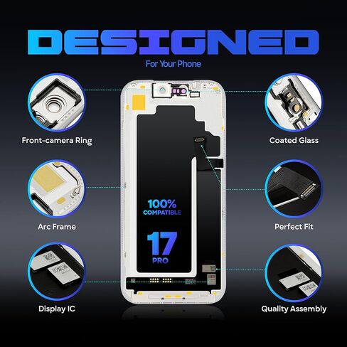 استبدال شاشة OLED ناعمة لهاتف iPhone 17 Pro (A3256/A3522/A3524/A3523)، شاشة 6.3 بوصة مع اللمس، ومحول رقمي، وإطار، ومجموعة إصلاح، وزجاج مقسى، ولاصق متضمن in Kuwait