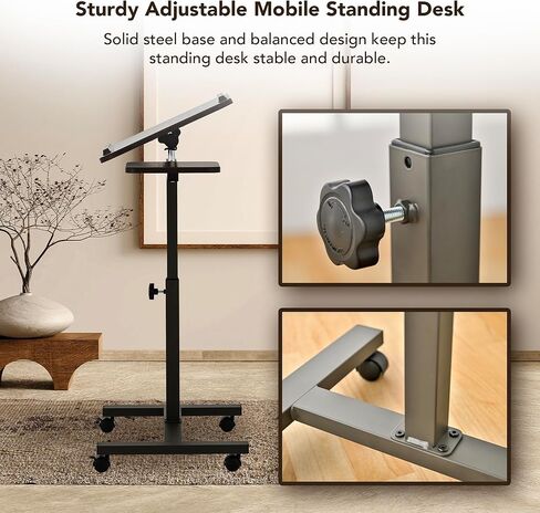 Displays By Jack Adjustable Height Rolling Laptop Desk with Tilting Top & Side Shelf – Mobile Sit Stand Computer Table on Wheels for Home Office, Classroom, Study Room in Saudi Arabia