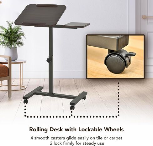 Displays By Jack Adjustable Height Rolling Laptop Desk with Tilting Top & Side Shelf – Mobile Sit Stand Computer Table on Wheels for Home Office, Classroom, Study Room in Saudi Arabia
