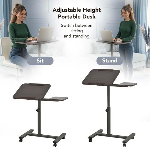 Displays By Jack Adjustable Height Rolling Laptop Desk with Tilting Top & Side Shelf – Mobile Sit Stand Computer Table on Wheels for Home Office, Classroom, Study Room in Saudi Arabia