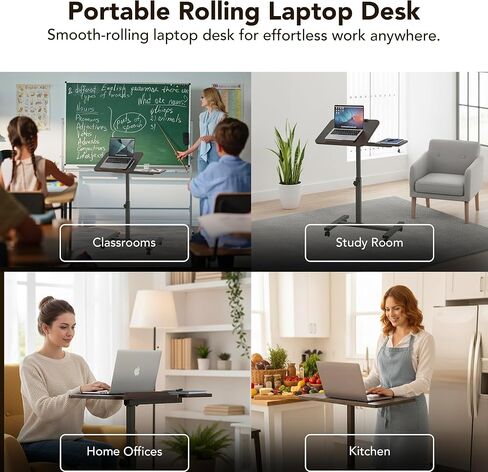 Displays By Jack Adjustable Height Rolling Laptop Desk with Tilting Top & Side Shelf – Mobile Sit Stand Computer Table on Wheels for Home Office, Classroom, Study Room in Saudi Arabia