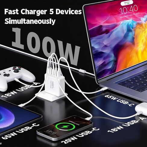 كتلة شاحن USB C بقوة 100 وات، شاحن حائط 5 منافذ من النوع C شحن سريع، محول طاقة PD + قابس QC متعدد المنافذ من النوع C مكعب الطوب متوافق مع Apple iPhone 17 Air 16 15 14 13 12 Pro Max، MacBook، iPad in Kuwait